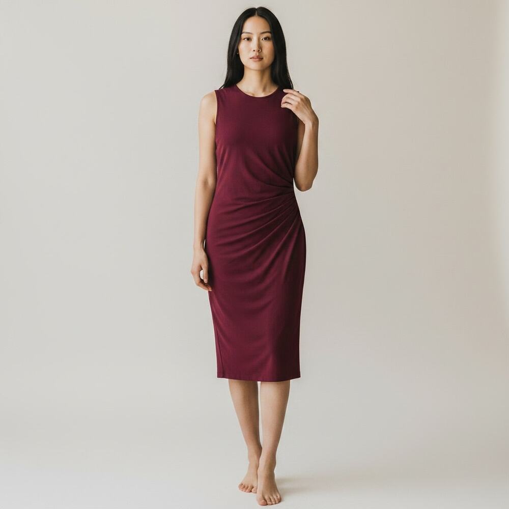 Theory Joranna Dress M Burgundy Wine Ruched Draped Pima Cotton Modal Midi